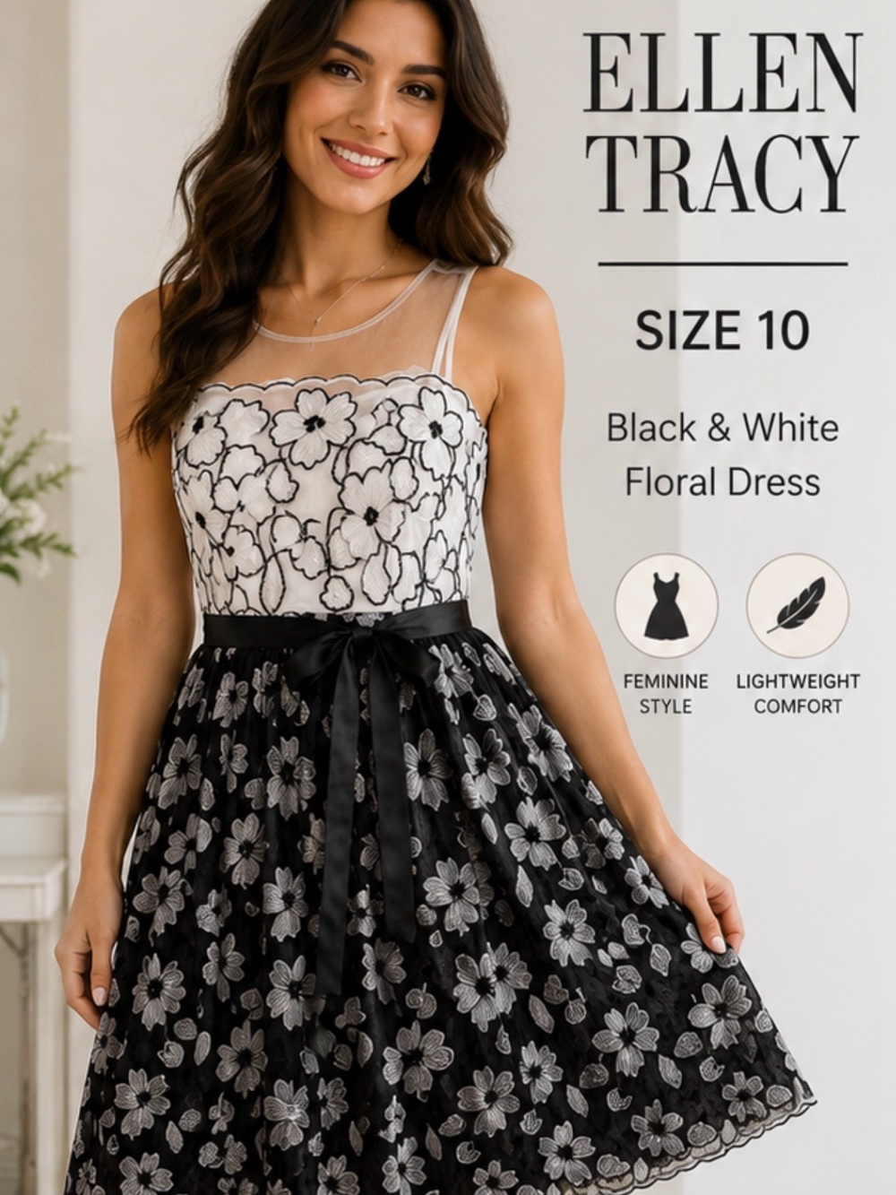 Ellen Tracy Black and White Floral Midi Dress with Satin Waist Tie